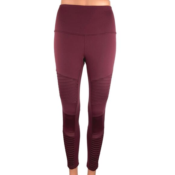Alo Red Mid Rise Pull On Pleated Mesh Compression Yoga Athletic Leggings Size S - Picture 1 of 5